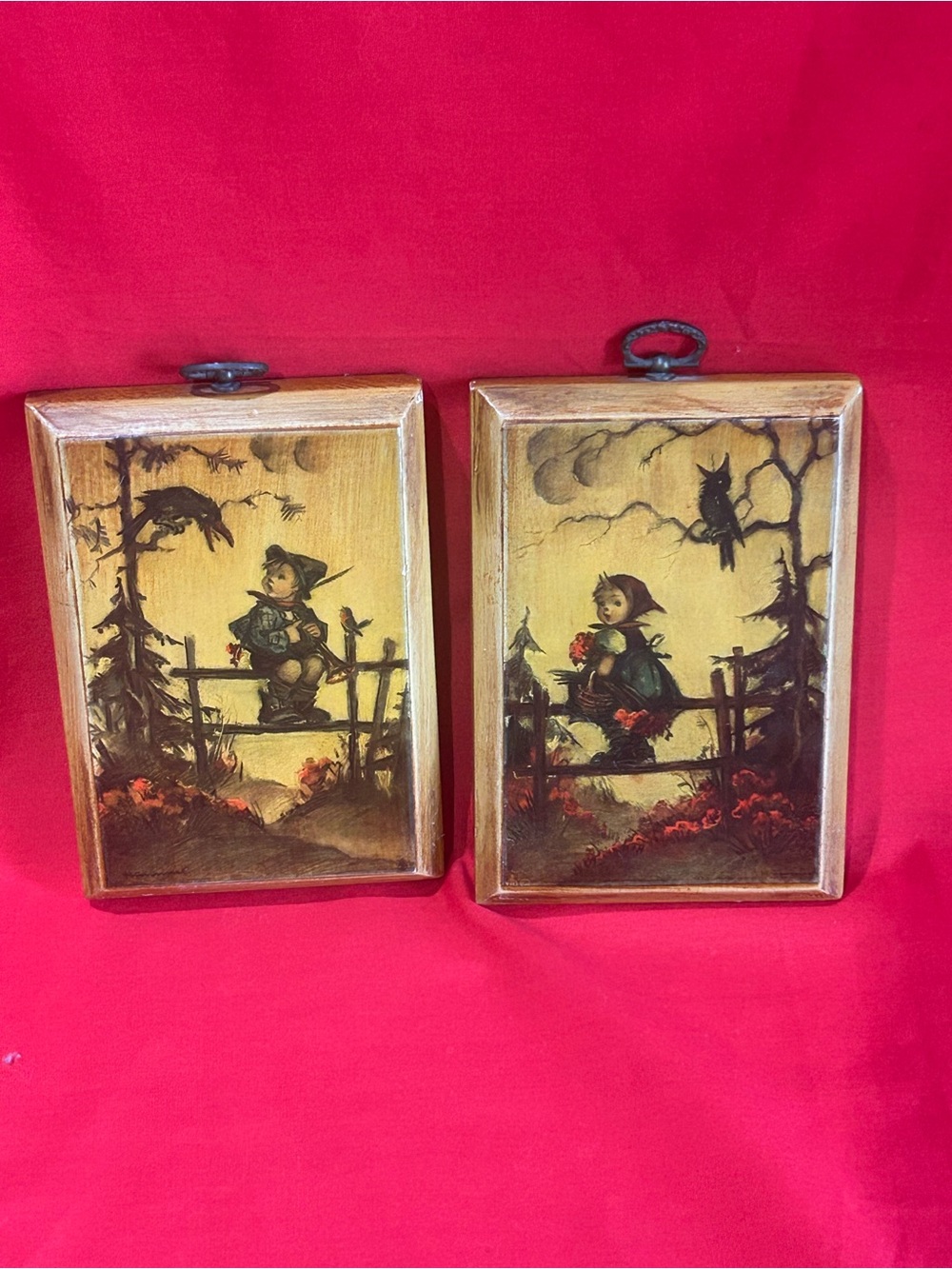 Vintage-Hummel Style Boy & Girl Wall Plaque Pair in Brown and Cream
